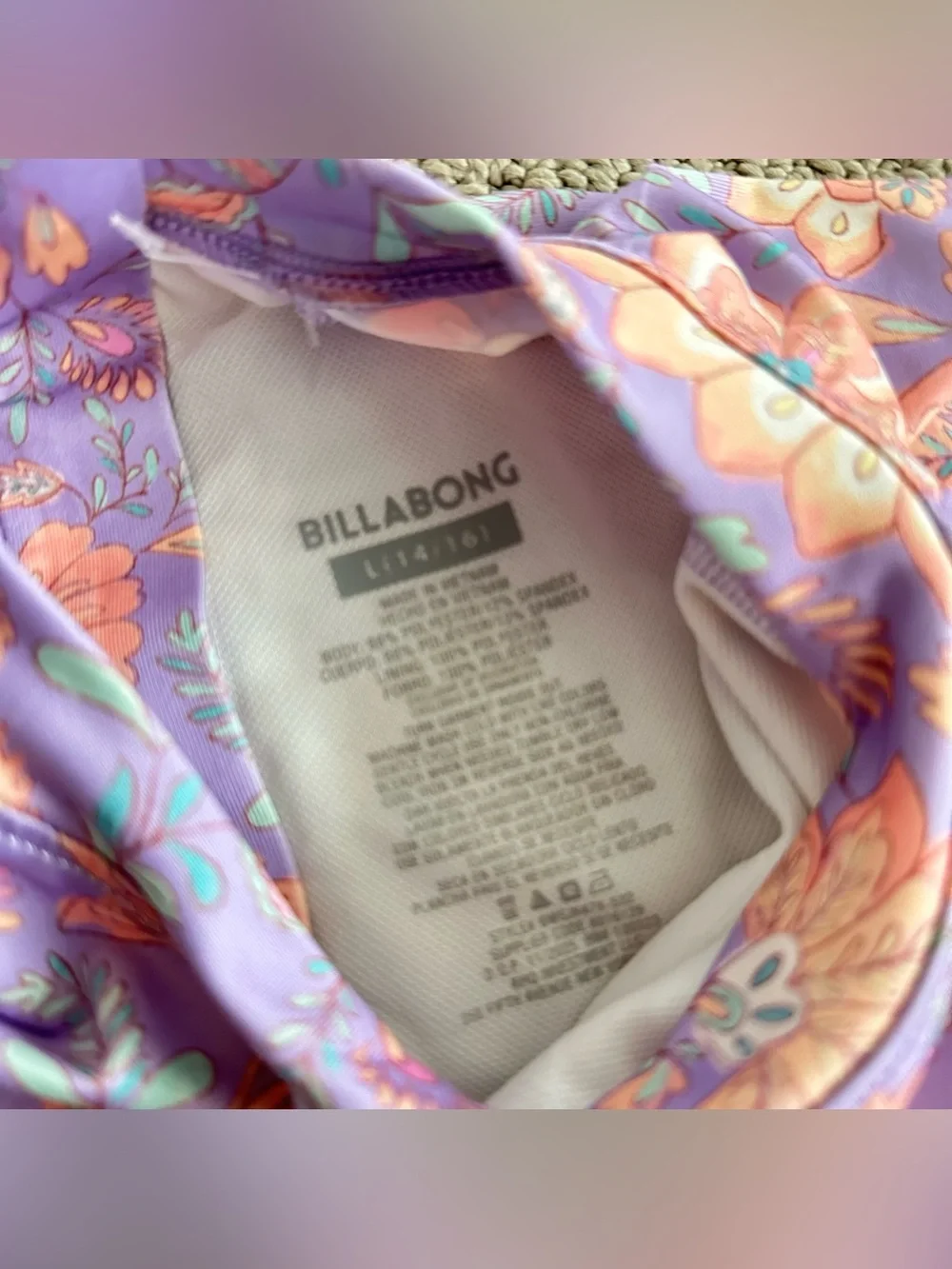 Billabong Floral Purple 2 pieceLong-Sleeve Rash Guard Swimsuit Set -kids size L